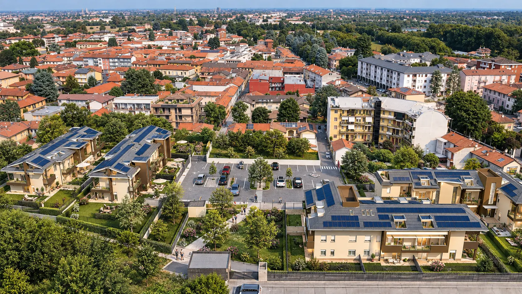 Render contestualizzato di Sempione Park nel verde di Nerviano
